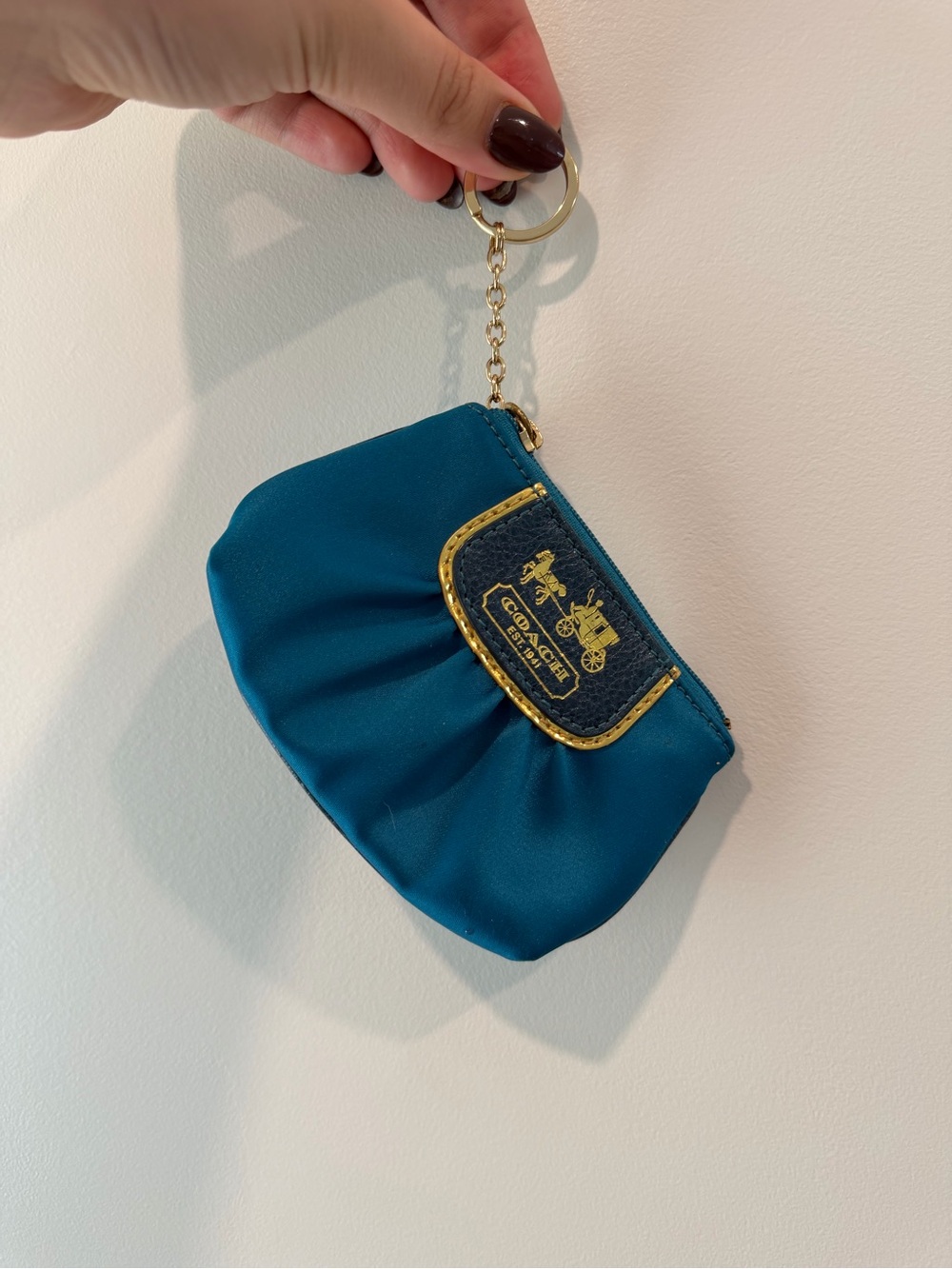 Coach Teal Satin Keyring Coin Pouch with Gold Trim